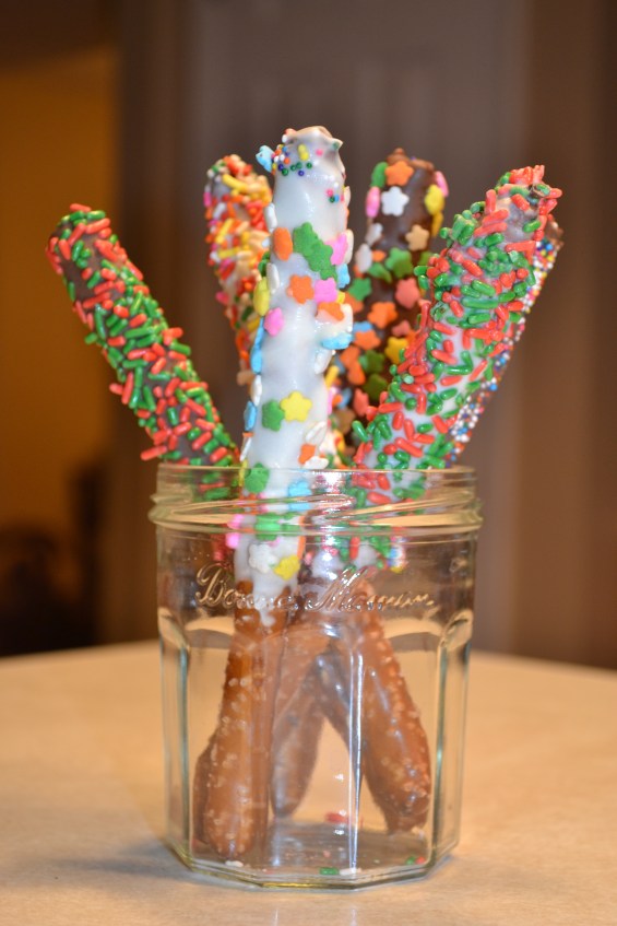 Chocolate Dipped Pretzel Sticks in a jar